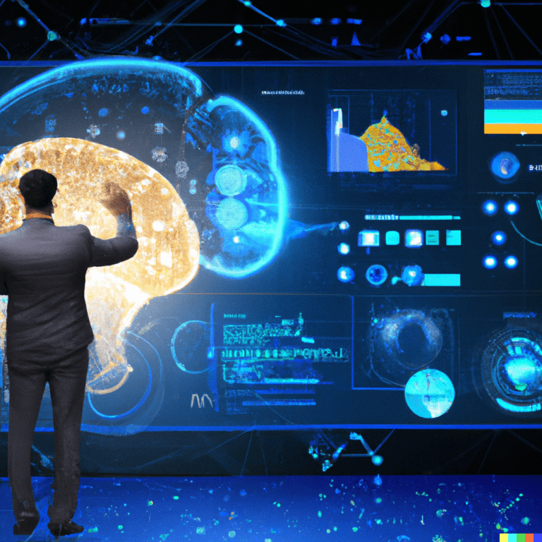 Imagen generada por DALL-E persona interactutando con un dashboard del cerebro