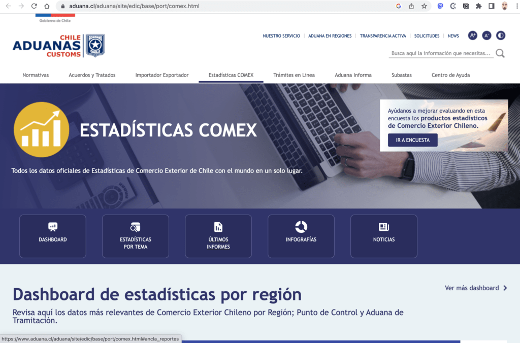 Home page de la plataforma de datos estadísticos de comercio exterior de Aduana
